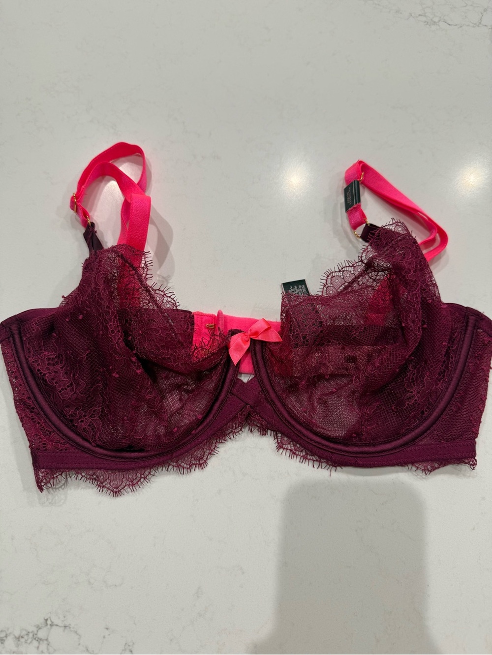 Victoria's Secret Burgundy Lace Underwire Bra with Hot Pink Straps